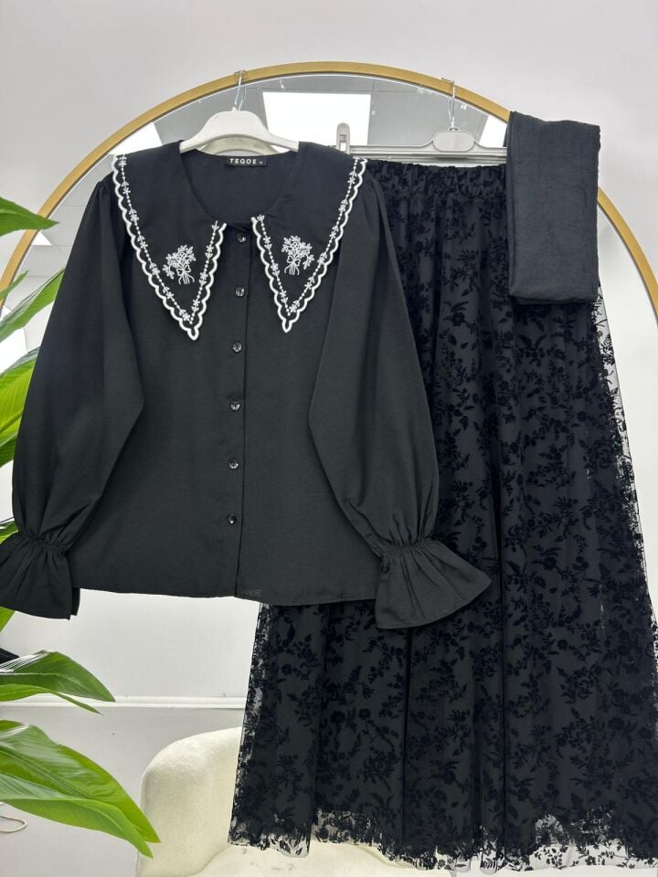 Tül Detaylı Etekli Takım Siyah 2XL