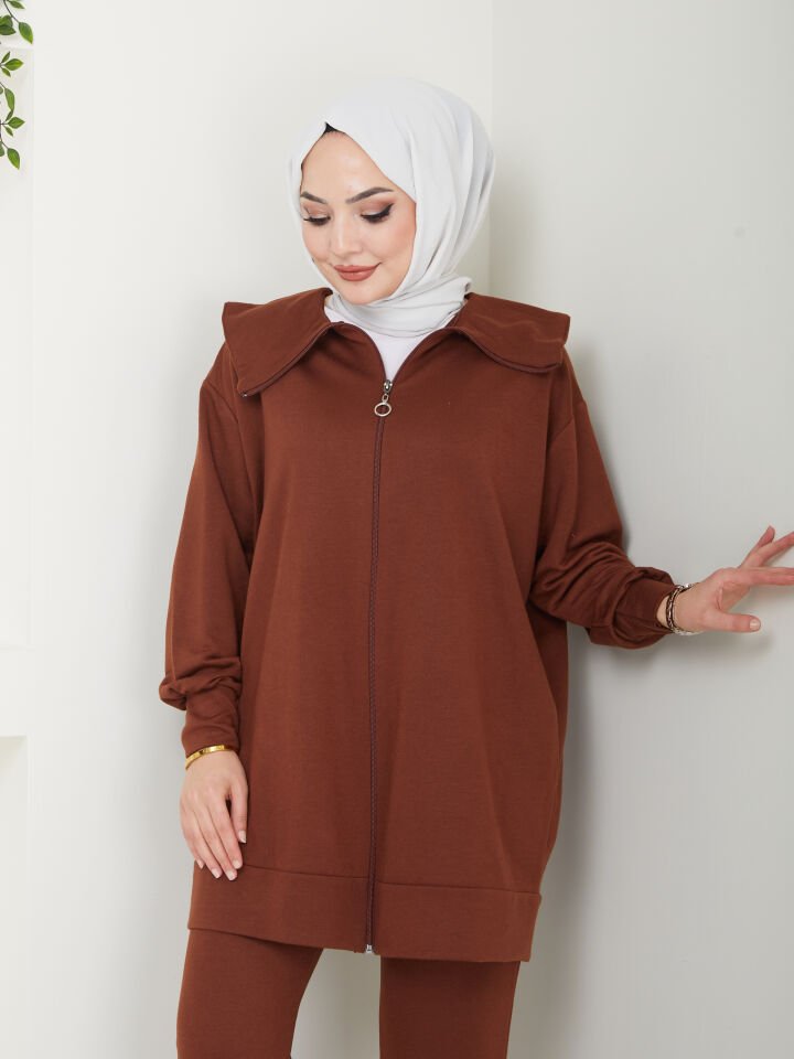Geniş Paça Fermuarlı Takım Kahverengi 2XL
