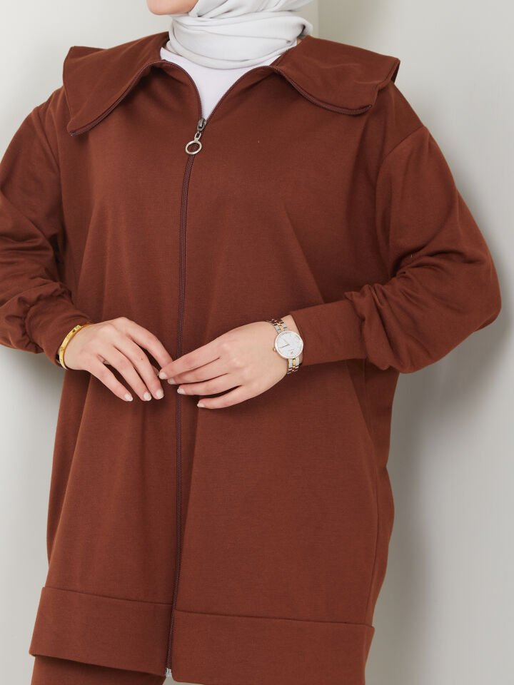 Geniş Paça Fermuarlı Takım Kahverengi 2XL