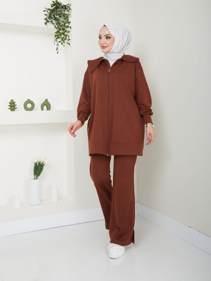 Geniş Paça Fermuarlı Takım Kahverengi 2XL