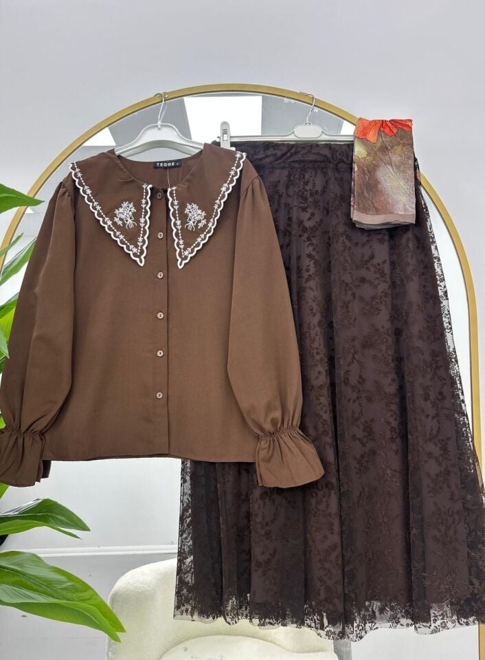 Tül Detaylı Etekli Takım Lacivert 2XL