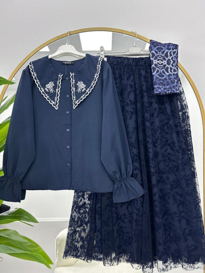 Tül Detaylı Etekli Takım Kahverengi 2XL