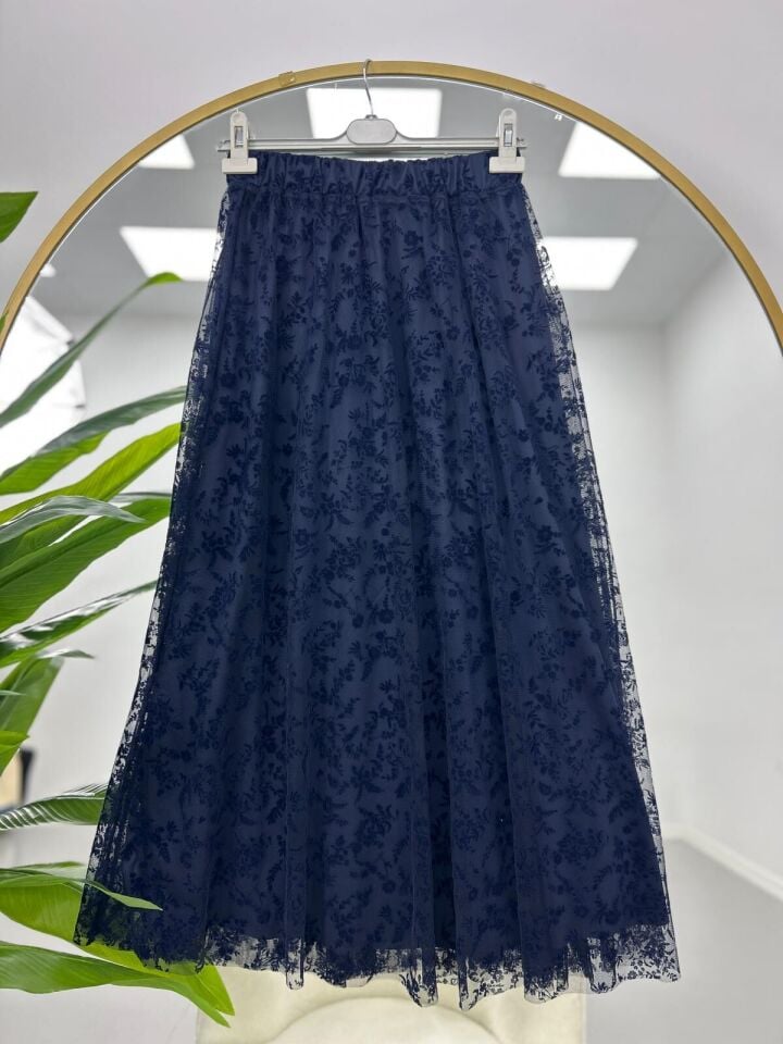 Tül Detaylı Etek Lacivert 2XL