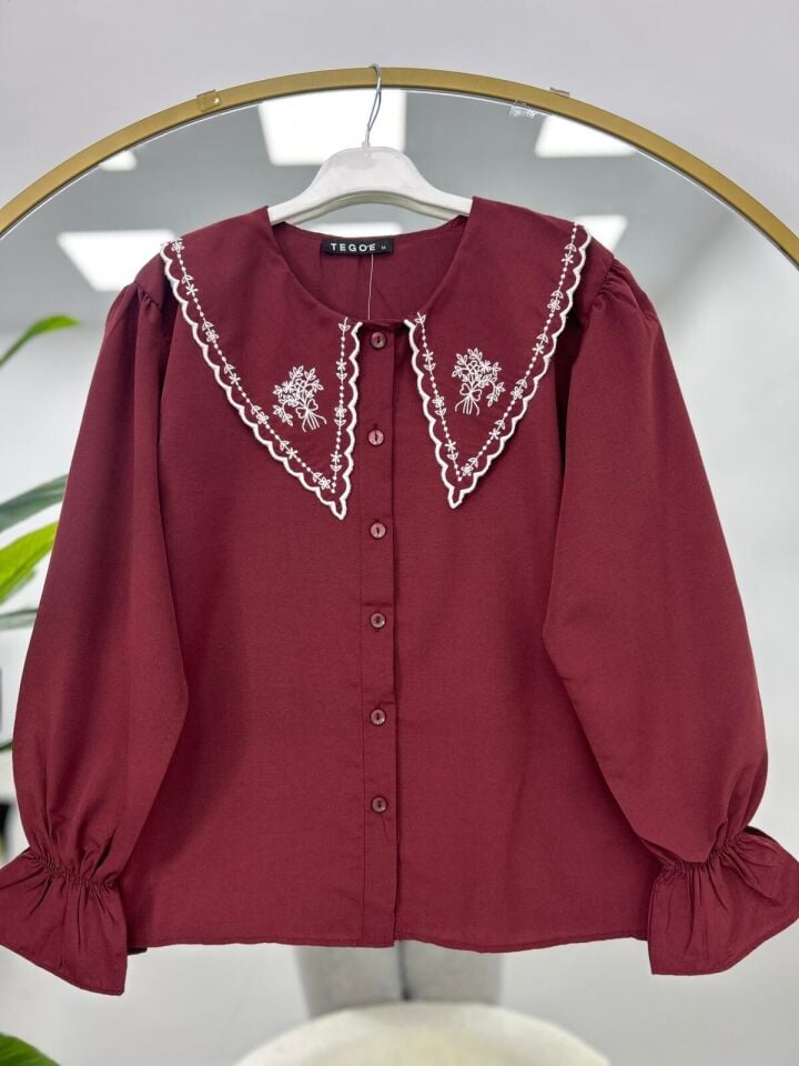 Nakış Detaylı Gömlek Kahverengi 2XL