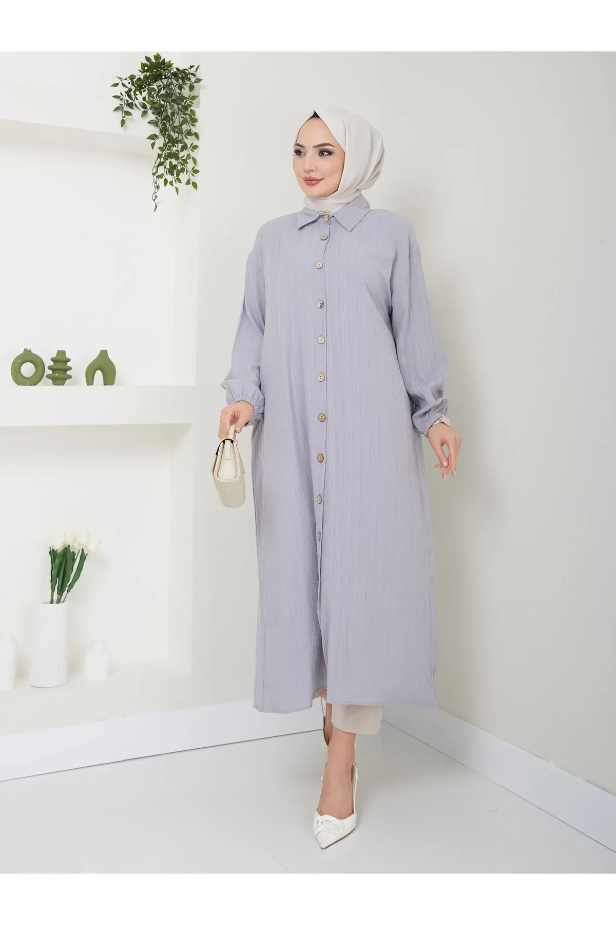 Maxi Boy Yırtmaçlı Viskon Tunik Gri 2XL