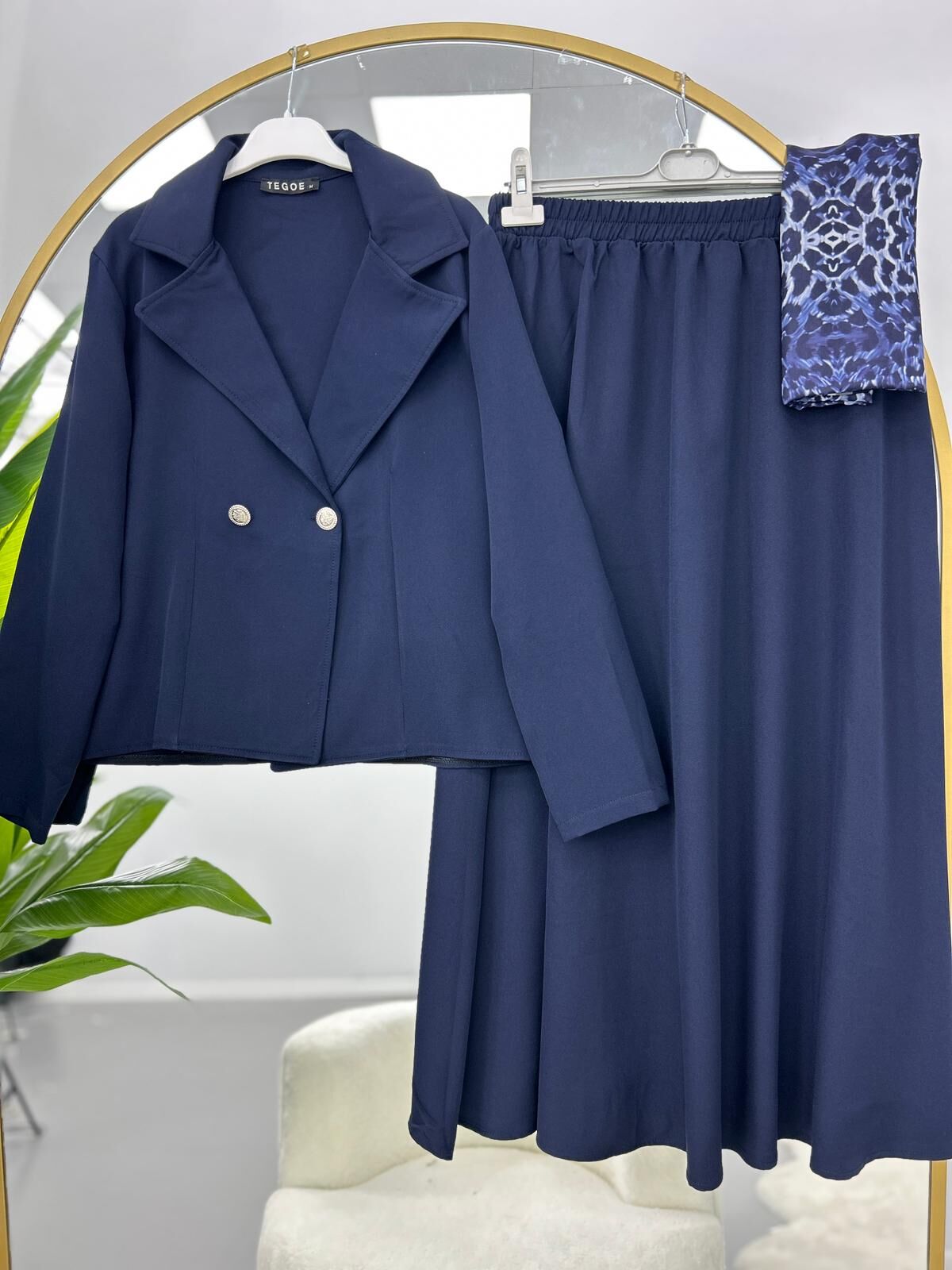 Kruvaze Yaka Çeket Etekli Takım Lacivert M