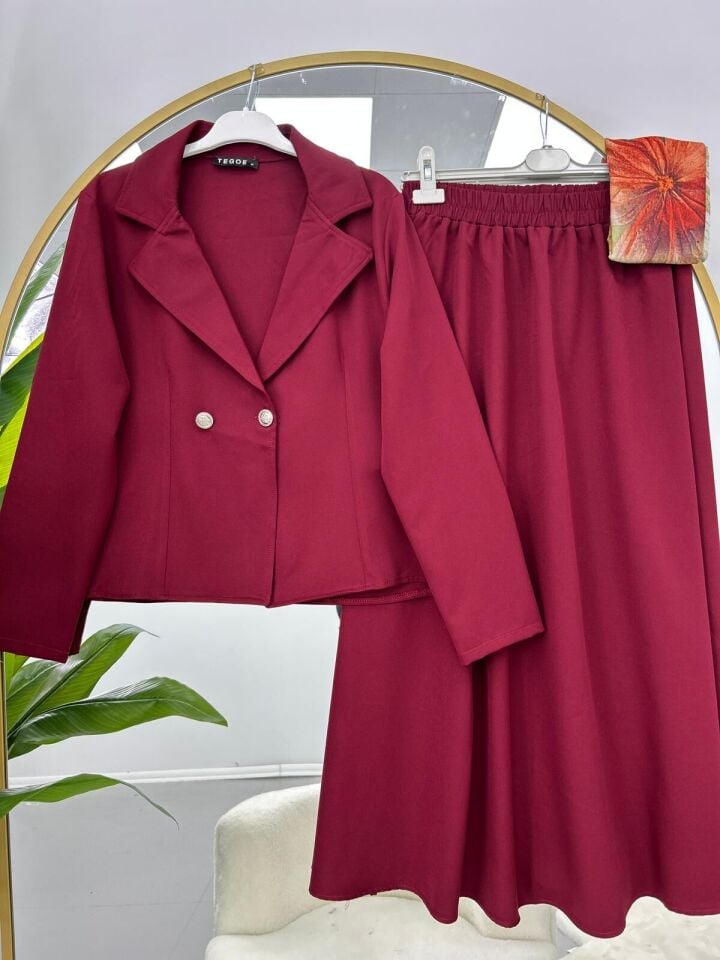 Kruvaze Yaka Çeket Etekli Takım Bordo 2XL
