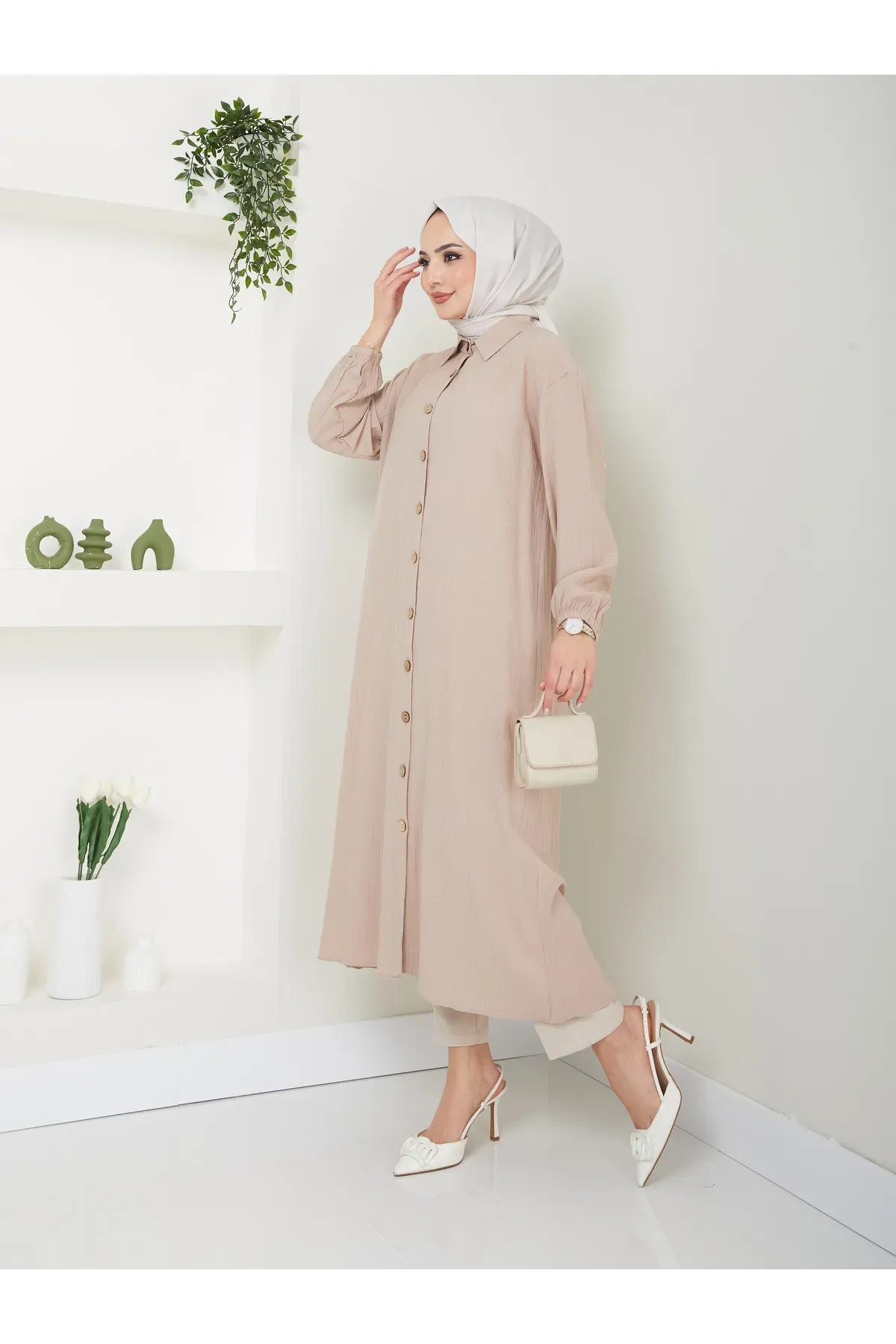 Maxi Boy Yırtmaçlı Viskon Tunik Bej 2XL