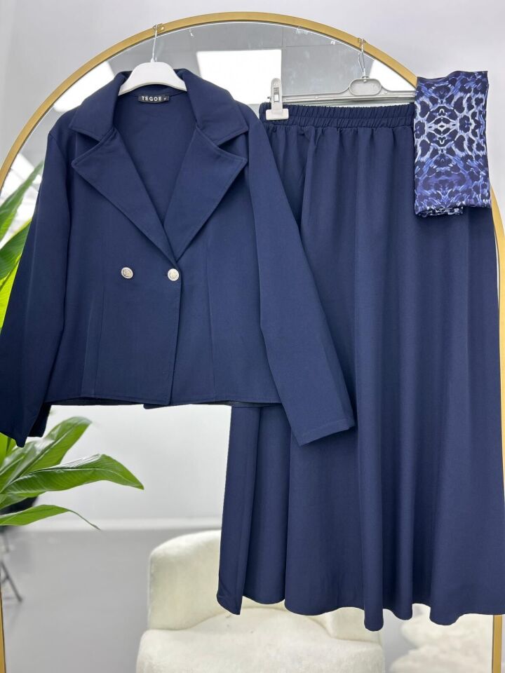 Kruvaze Yaka Çeket Etekli Takım Kahverengi M