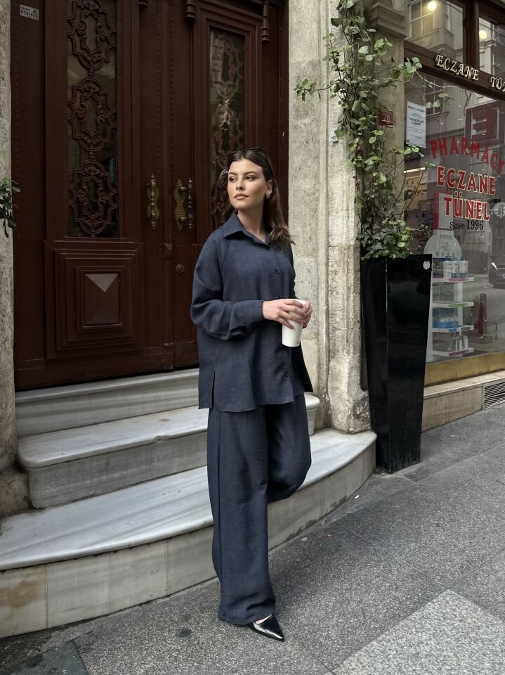 Kadın Salaş Keten İkili Takım Lacivert L-XL