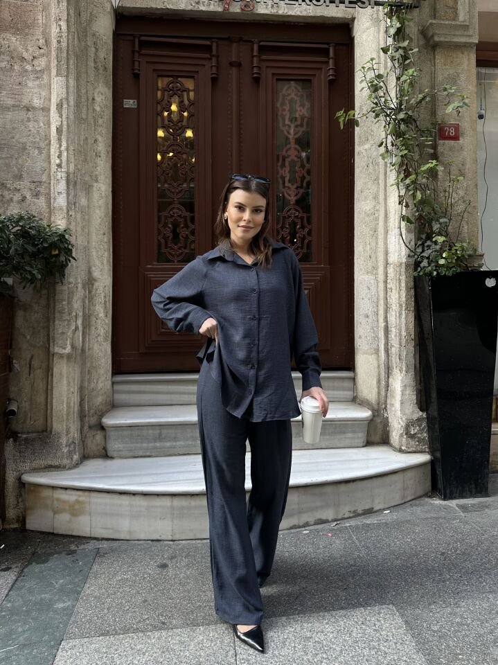 Kadın Salaş Keten İkili Takım Lacivert L-XL