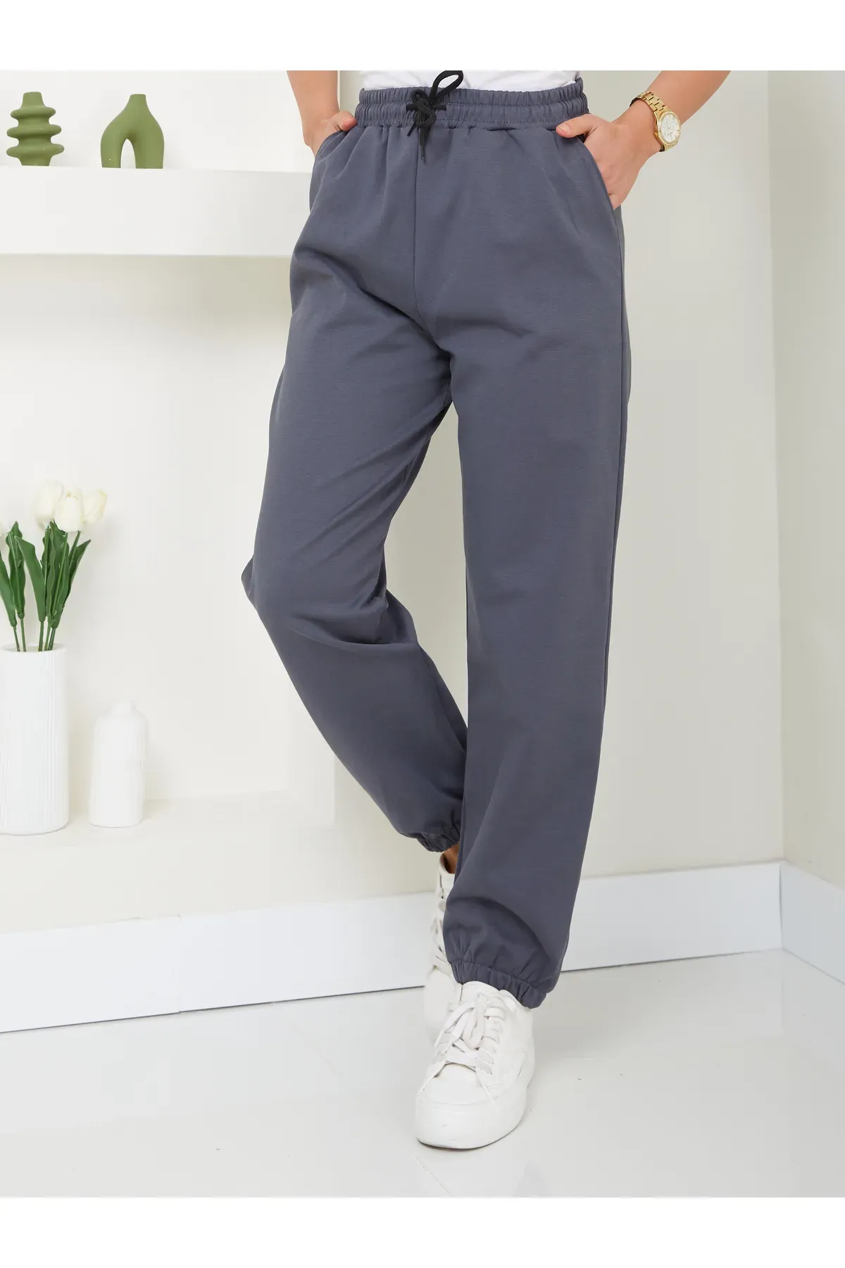 Paçası ve Beli Lastikli Oversize Eşofman Altı Gri XL