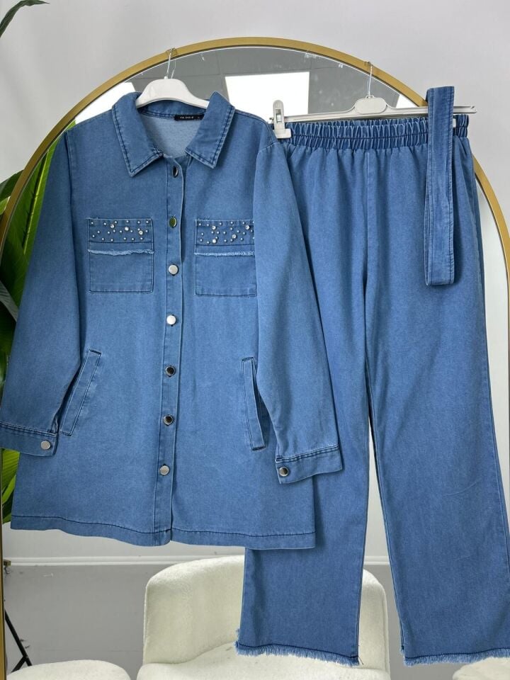 Taş İşleme Kuşaklı Kot Takım 2XL