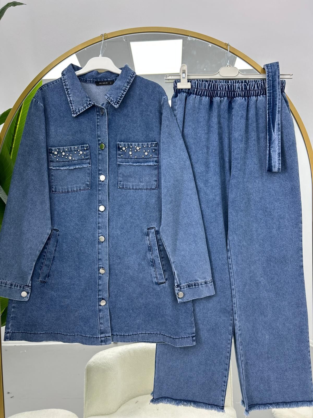 Taş İşleme Kuşaklı Kot Takım 2XL