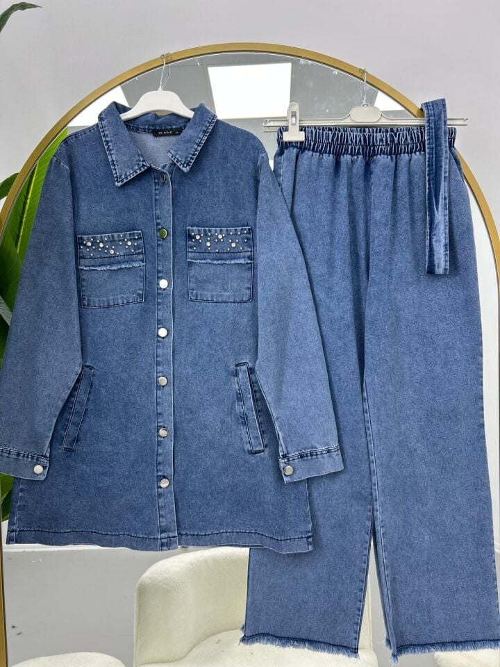 Taş İşleme Kuşaklı Kot Takım 2XL