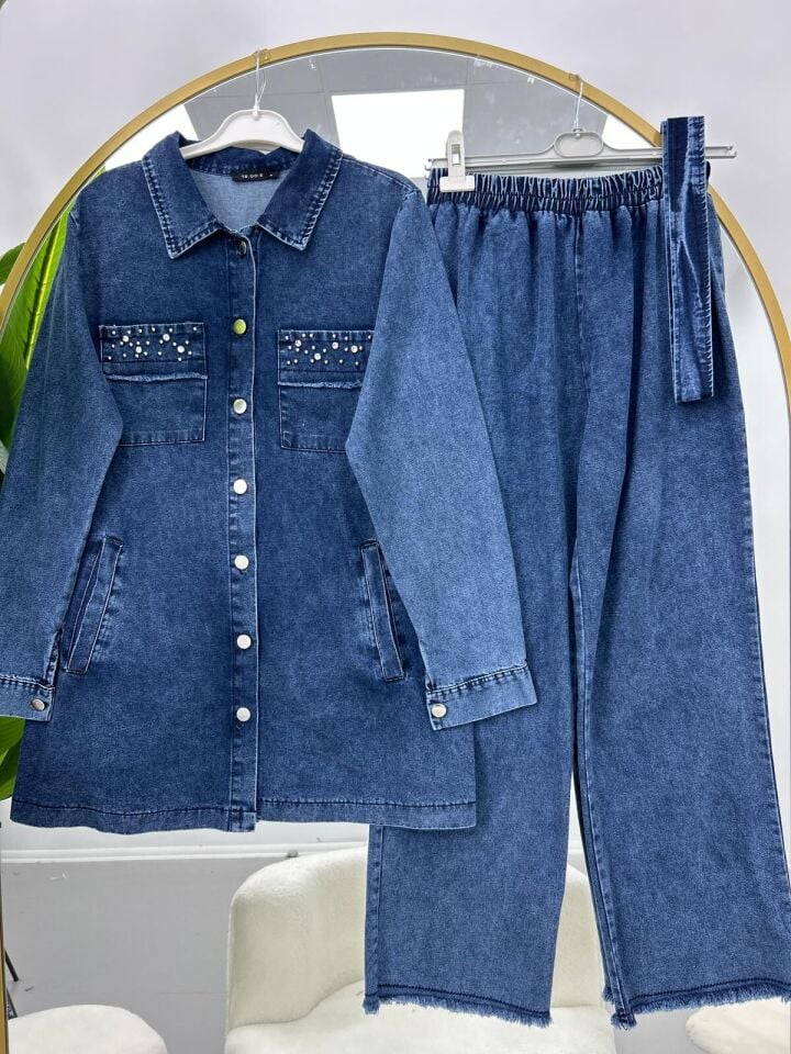 Taş İşleme Kuşaklı Kot Takım 2XL