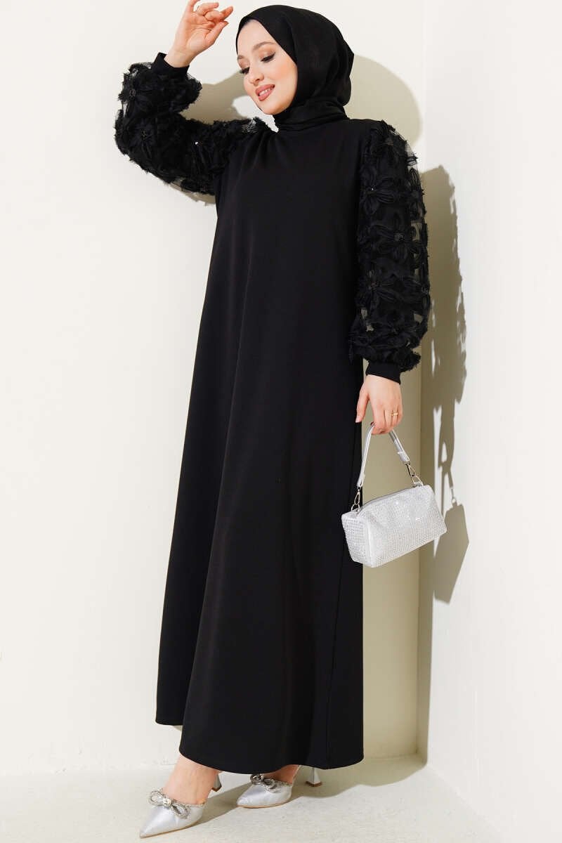 Çiçekli Tül Kollu Elbise Siyah 2XL