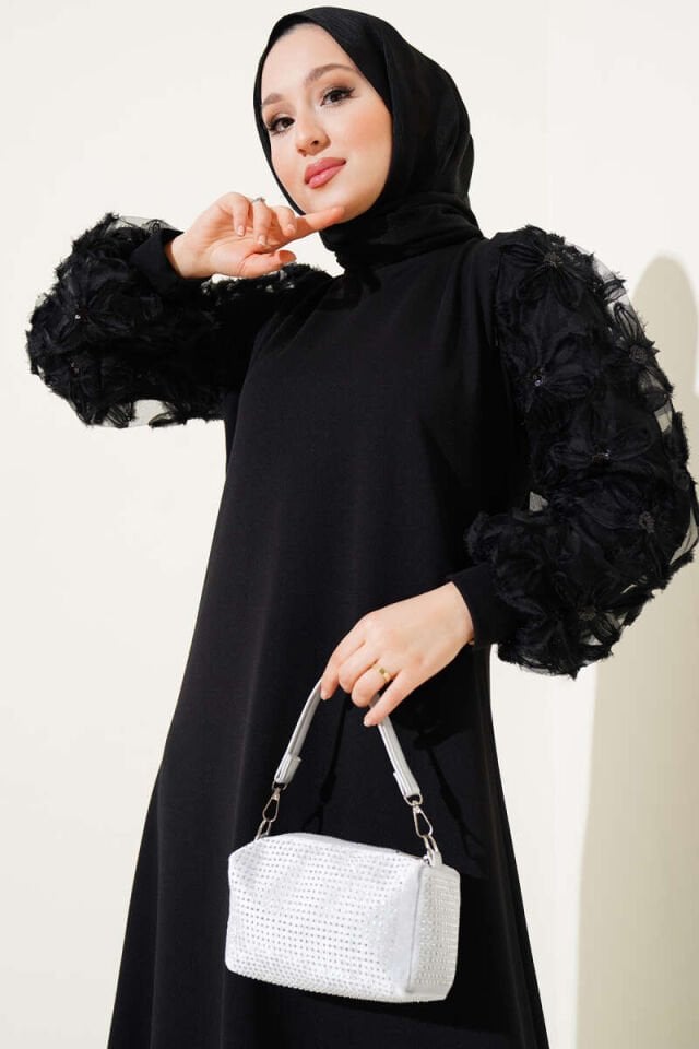 Çiçekli Tül Kollu Elbise Siyah 2XL