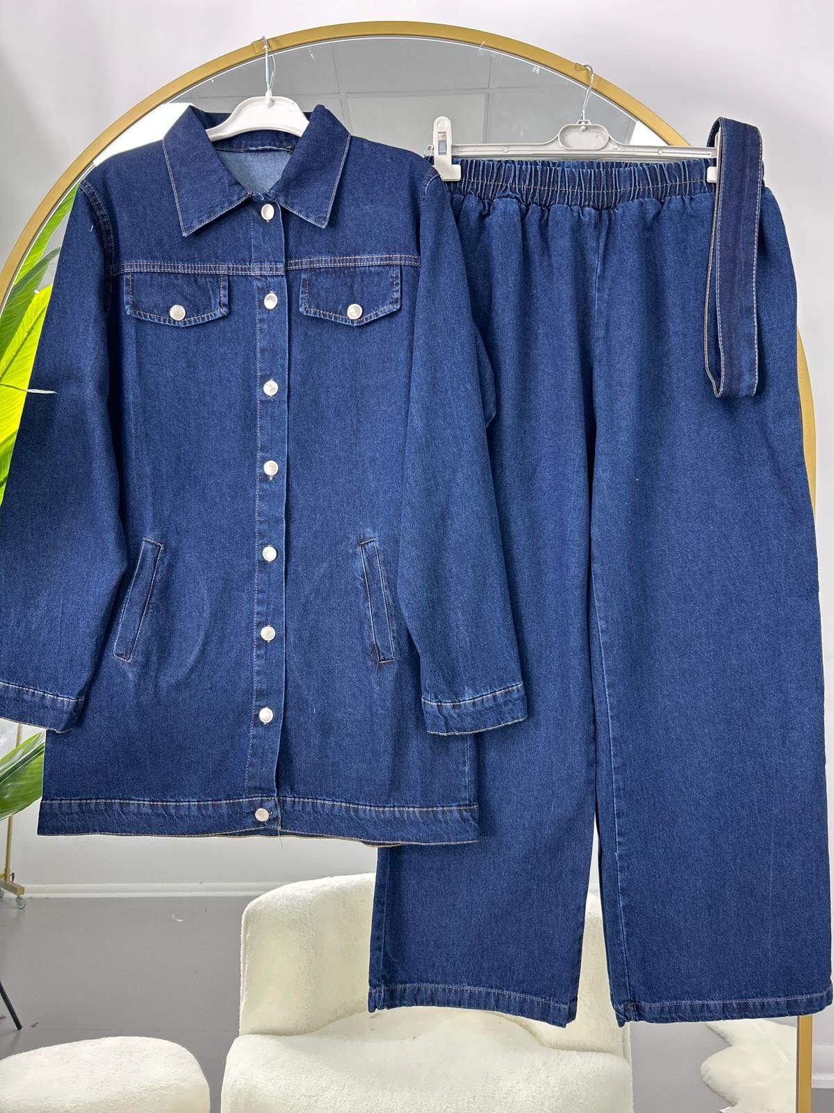 Yandan Cepli Kuşaklı Kot Takım Lacivert 2XL