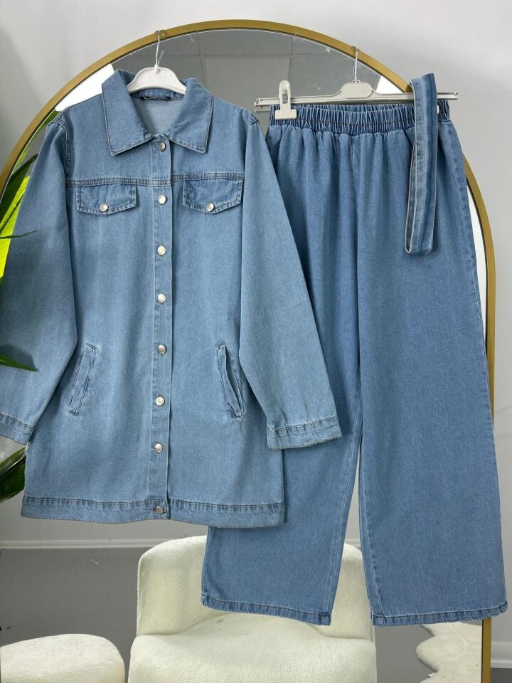 Yandan Cepli Kuşaklı Kot Takım Lacivert 2XL