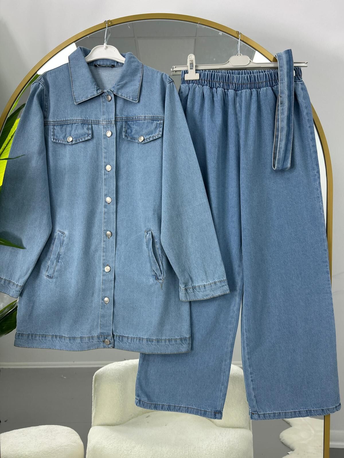 Yandan Cepli Kuşaklı Kot Takım Mavi M