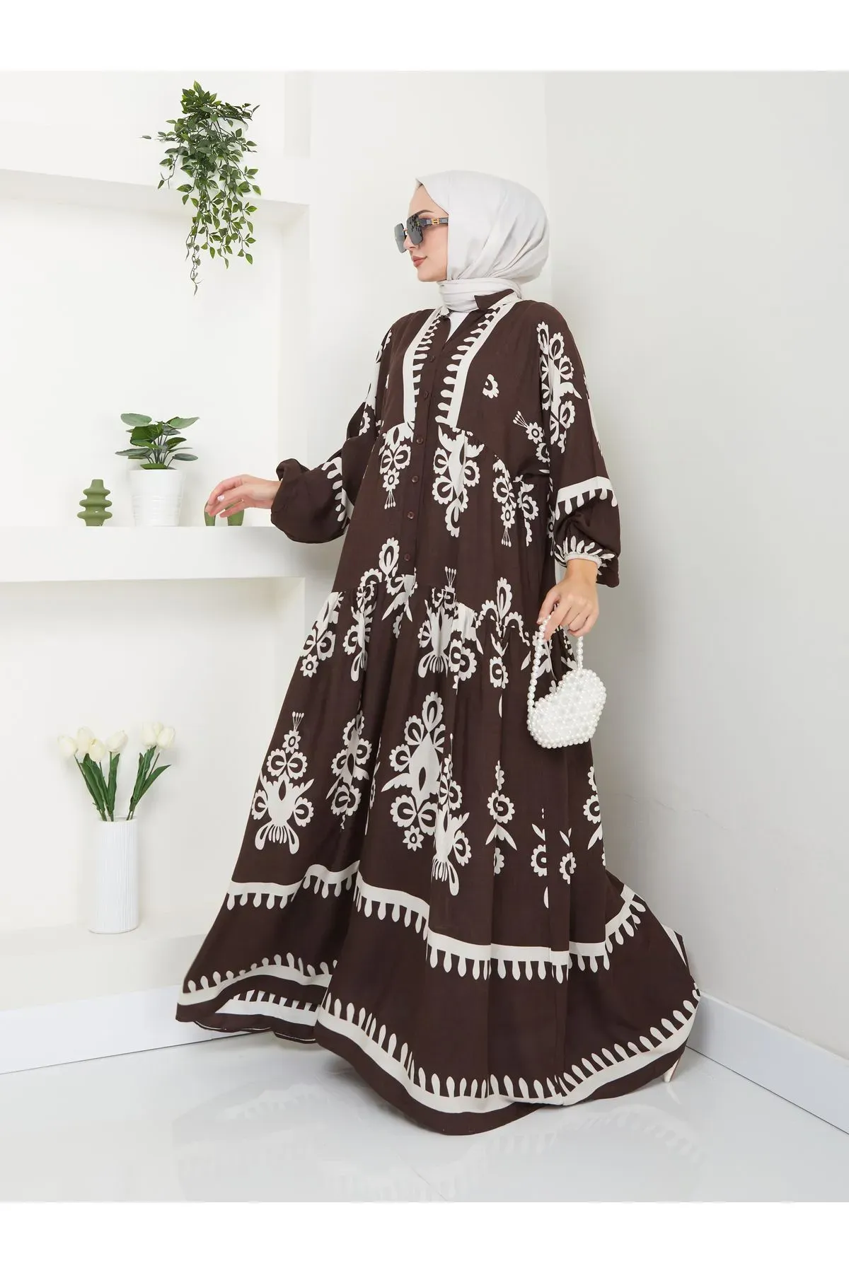 Etnik Desenli Elbise Kahverengi XL