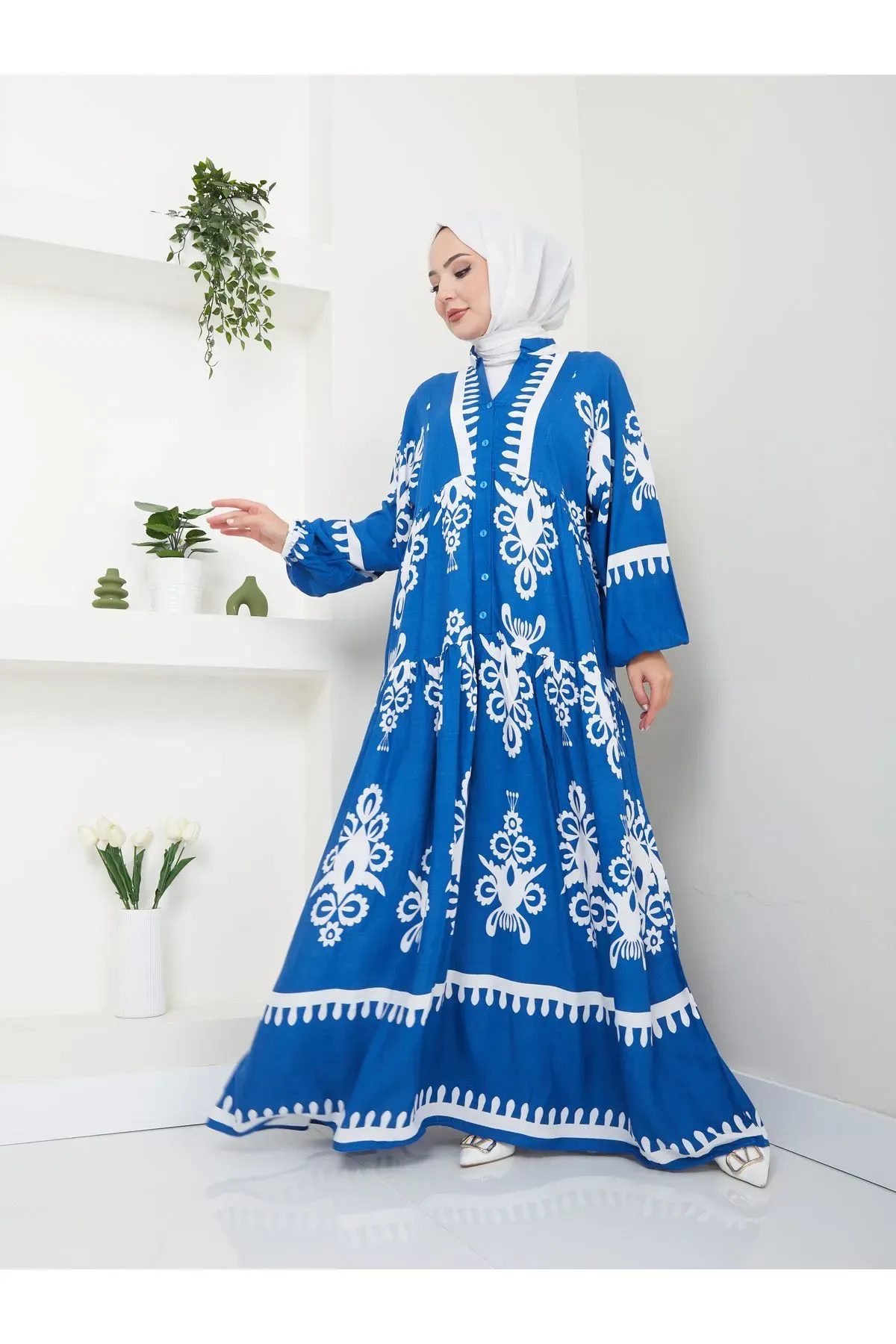 Etnik Desenli Elbise Mavi XL