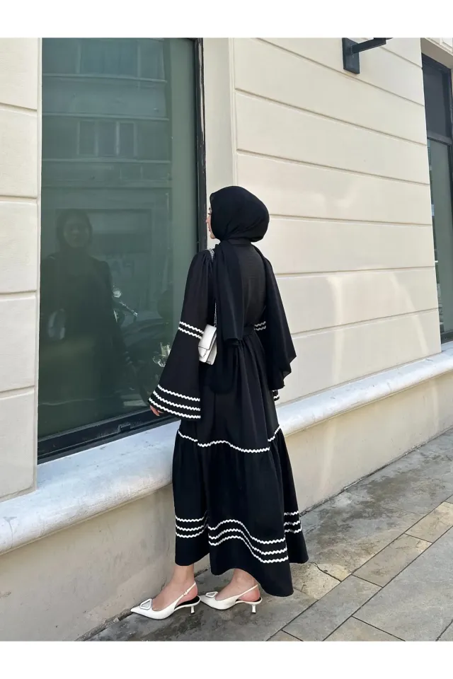 Kadın Dikiş Detaylı Keten Elbise Siyah
