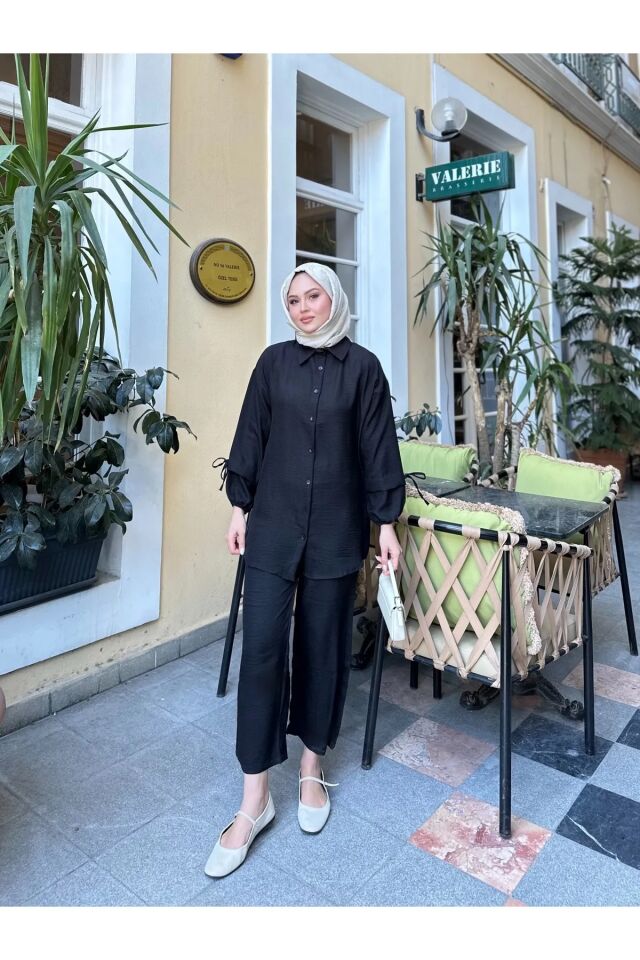 Kadın Bağcık Detaylı Keten İkili Takım Siyah XL