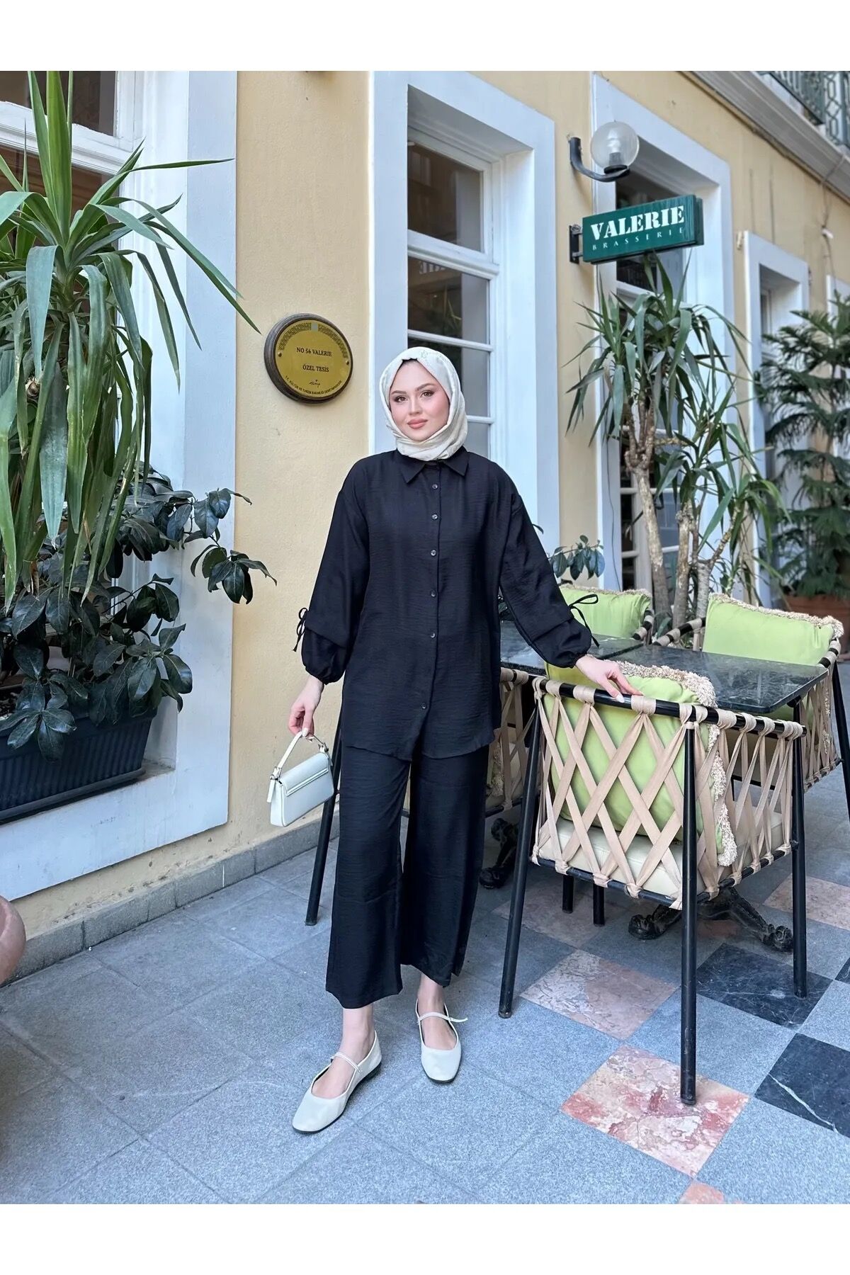 Kadın Bağcık Detaylı Keten İkili Takım Siyah XL