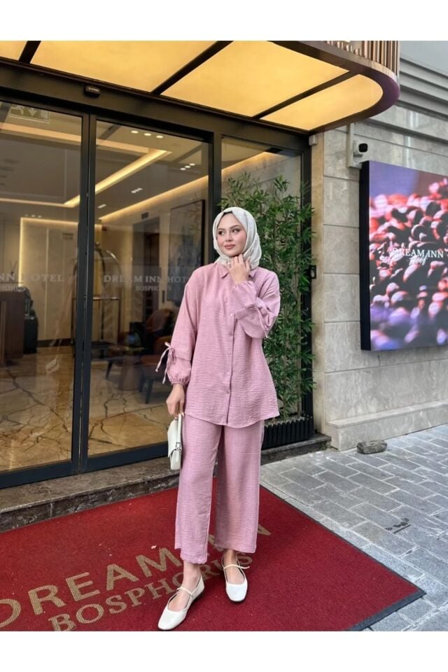 Kadın Bağcık Detaylı Keten İkili Takım Pembe XL