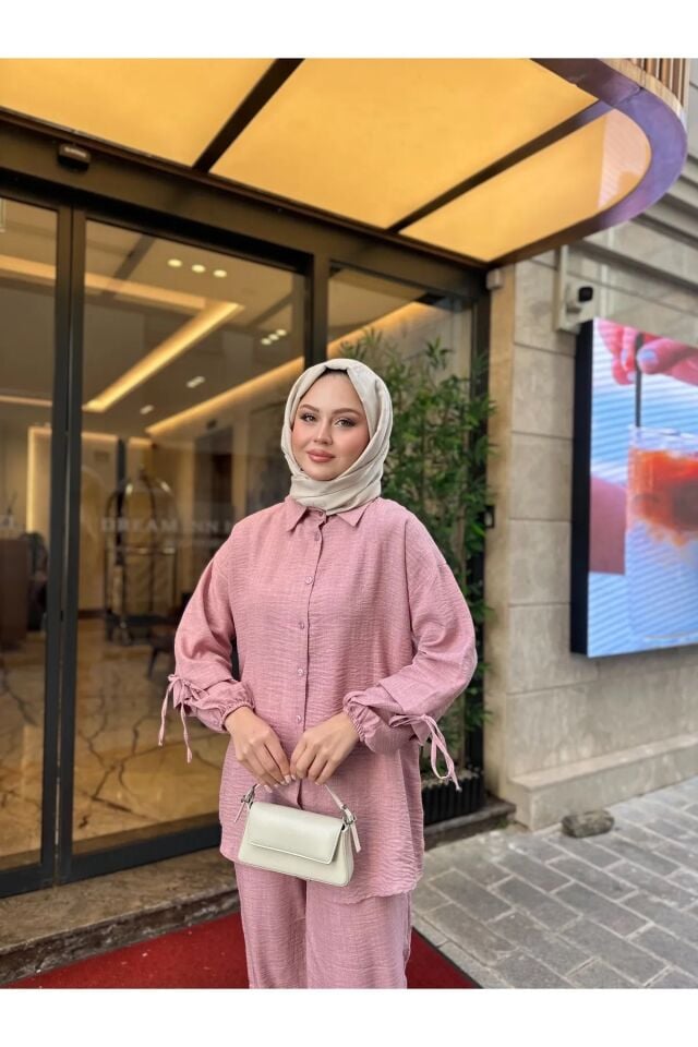 Kadın Bağcık Detaylı Keten İkili Takım Pembe XL