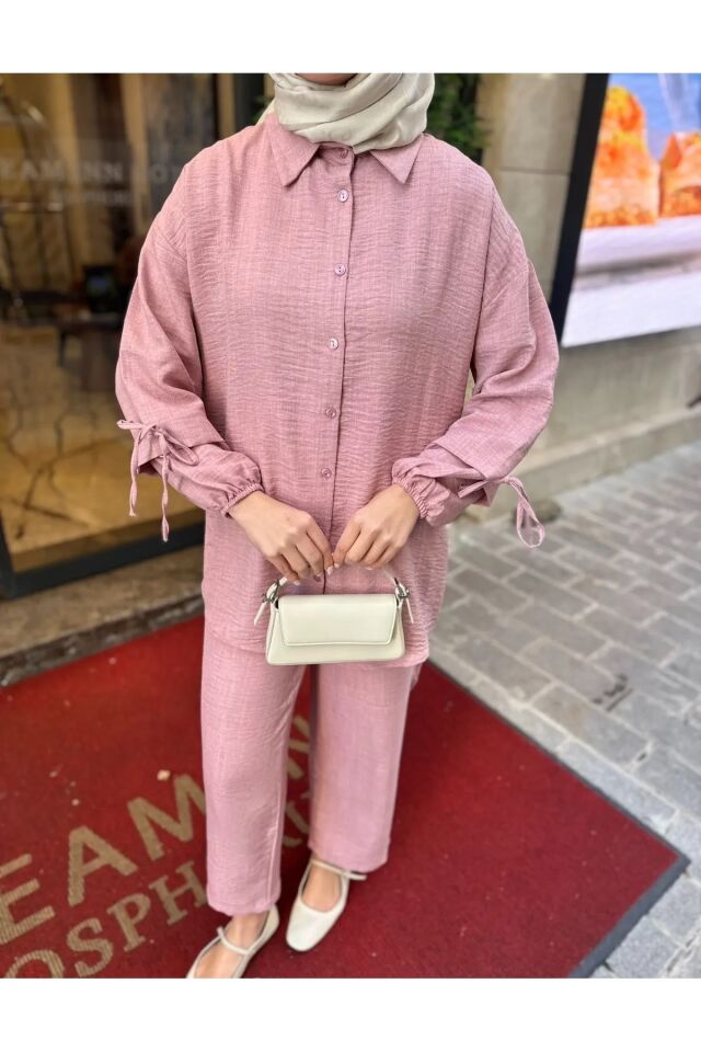 Kadın Bağcık Detaylı Keten İkili Takım Pembe XL