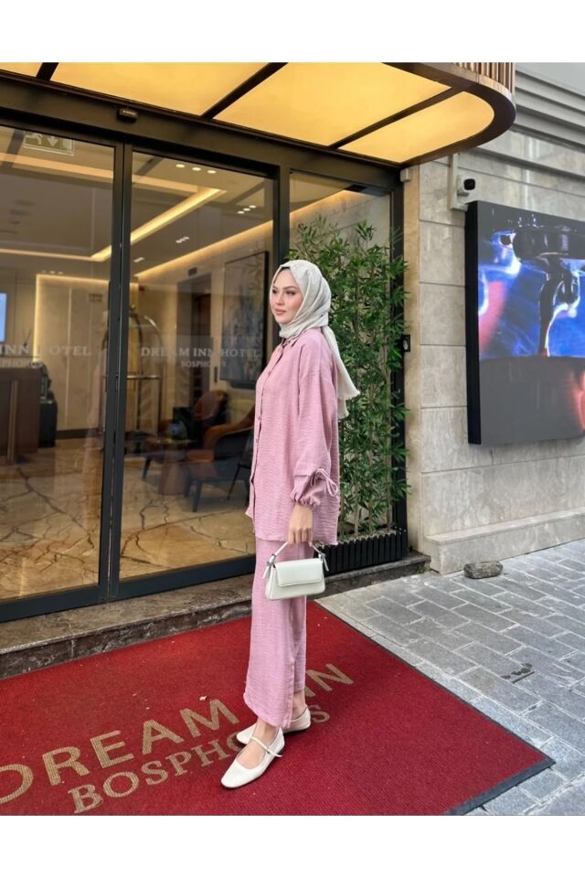 Kadın Bağcık Detaylı Keten İkili Takım Pembe XL