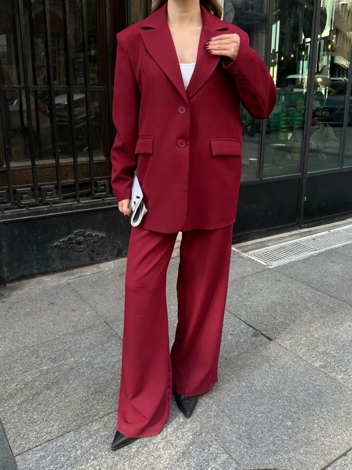 Düğme Detaylı Pensli Blazer Takım Bordo L