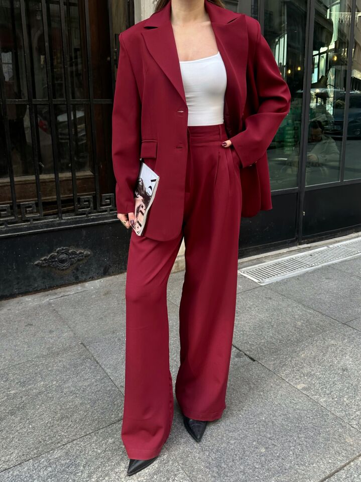 Düğme Detaylı Pensli Blazer Takım Bordo L