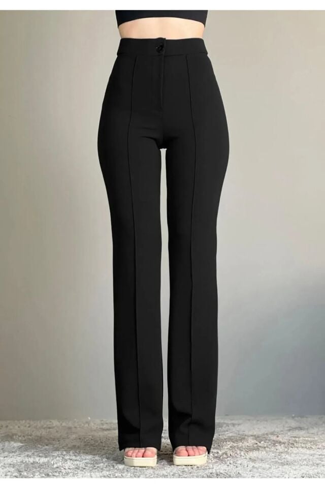 Kadın Likralı Geniş Paça Pantolon Siyah S