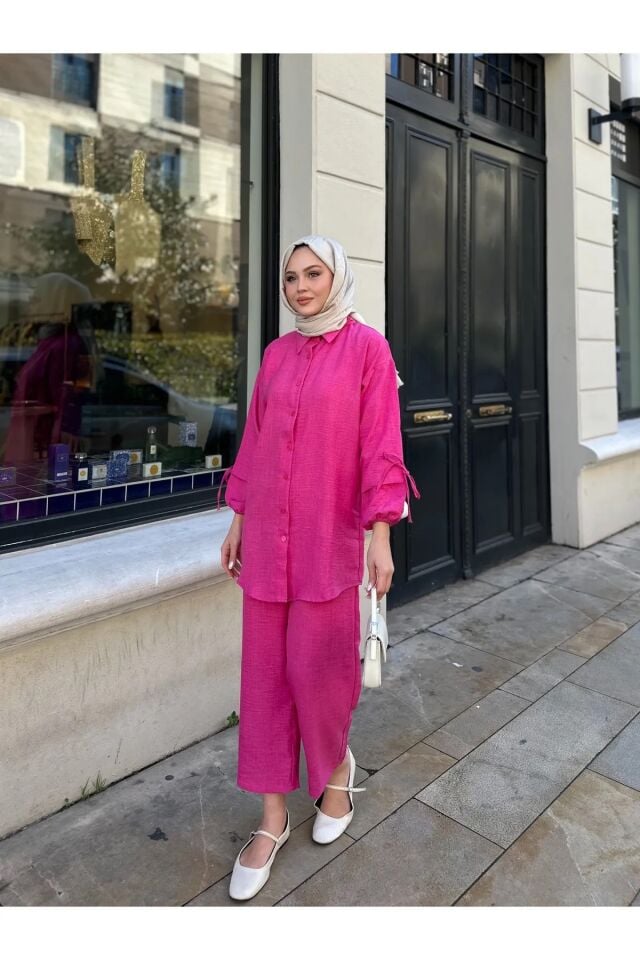 Kadın Bağcık Detaylı Keten İkili Takım Fuşya XL