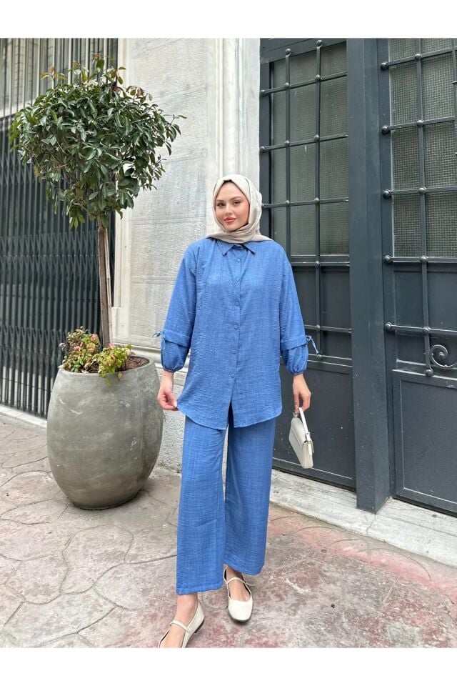 Kadın Bağcık Detaylı Keten İkili Takım Mavi XL