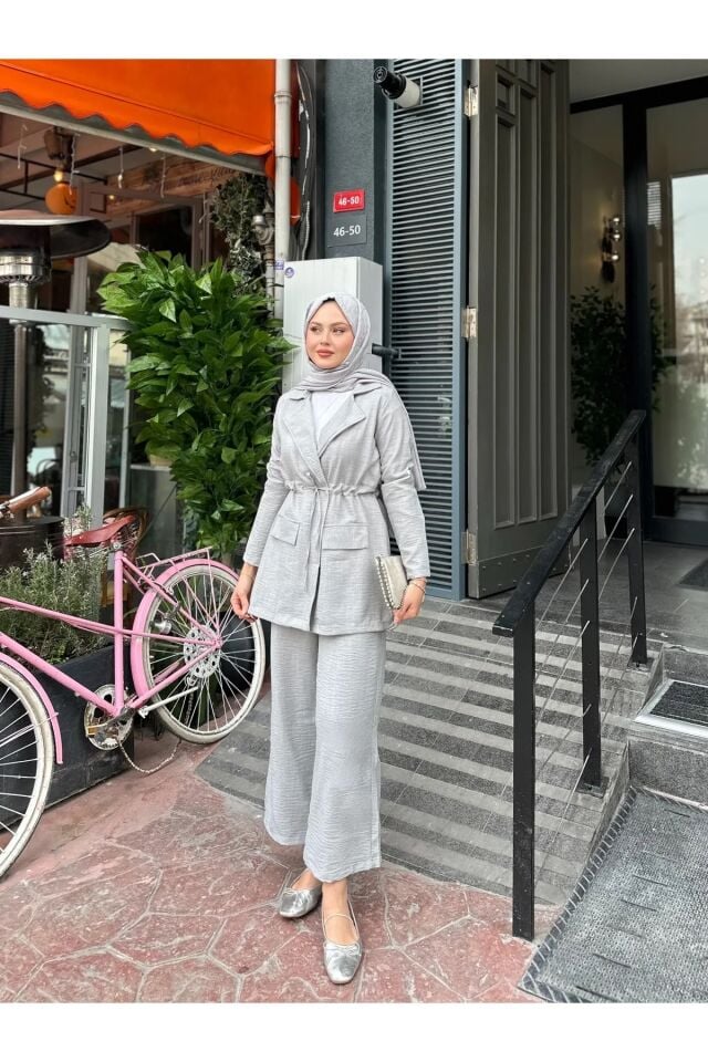Bel Büzgülü Keten Ceket Pantolon Takım Gri XL