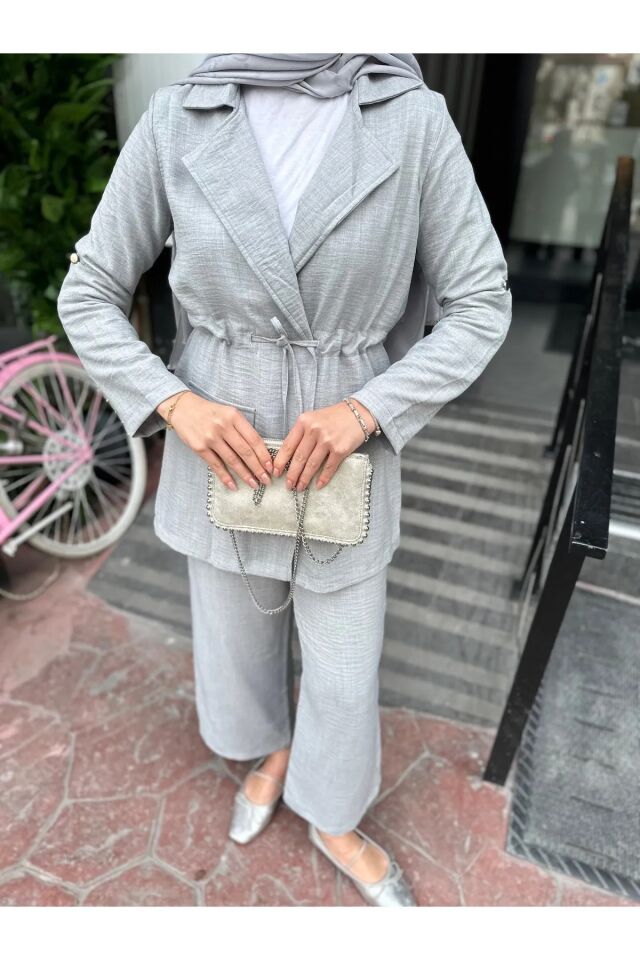 Bel Büzgülü Keten Ceket Pantolon Takım Gri XL