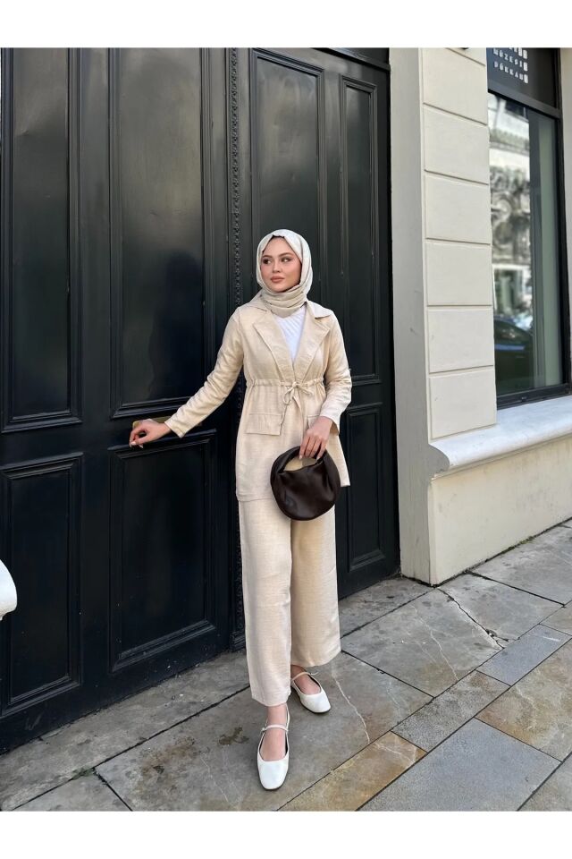 Bel Büzgülü Keten Ceket Pantolon Takım Krem XL