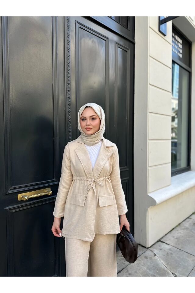 Bel Büzgülü Keten Ceket Pantolon Takım Krem XL