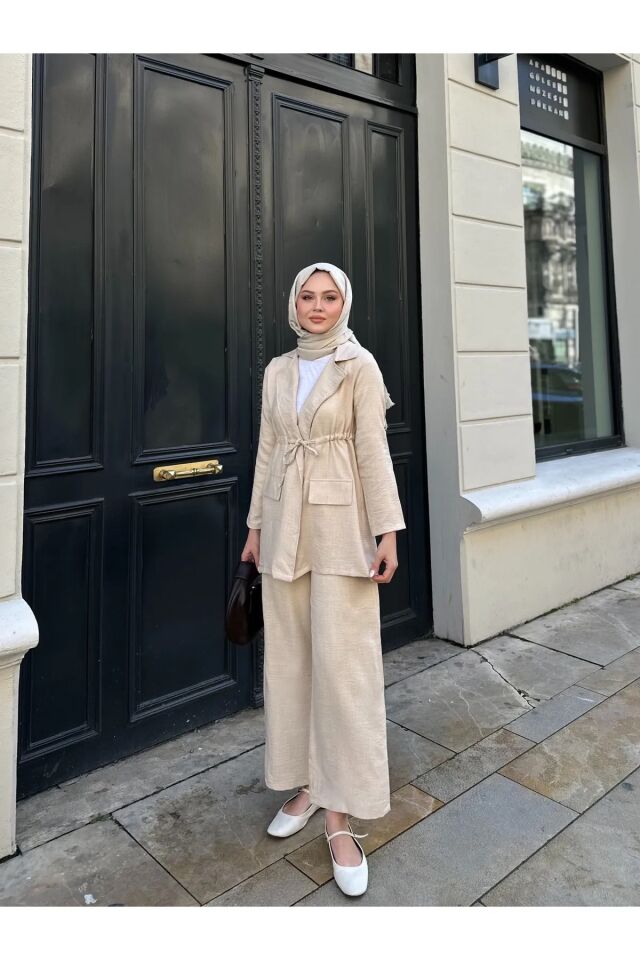 Bel Büzgülü Keten Ceket Pantolon Takım Krem XL