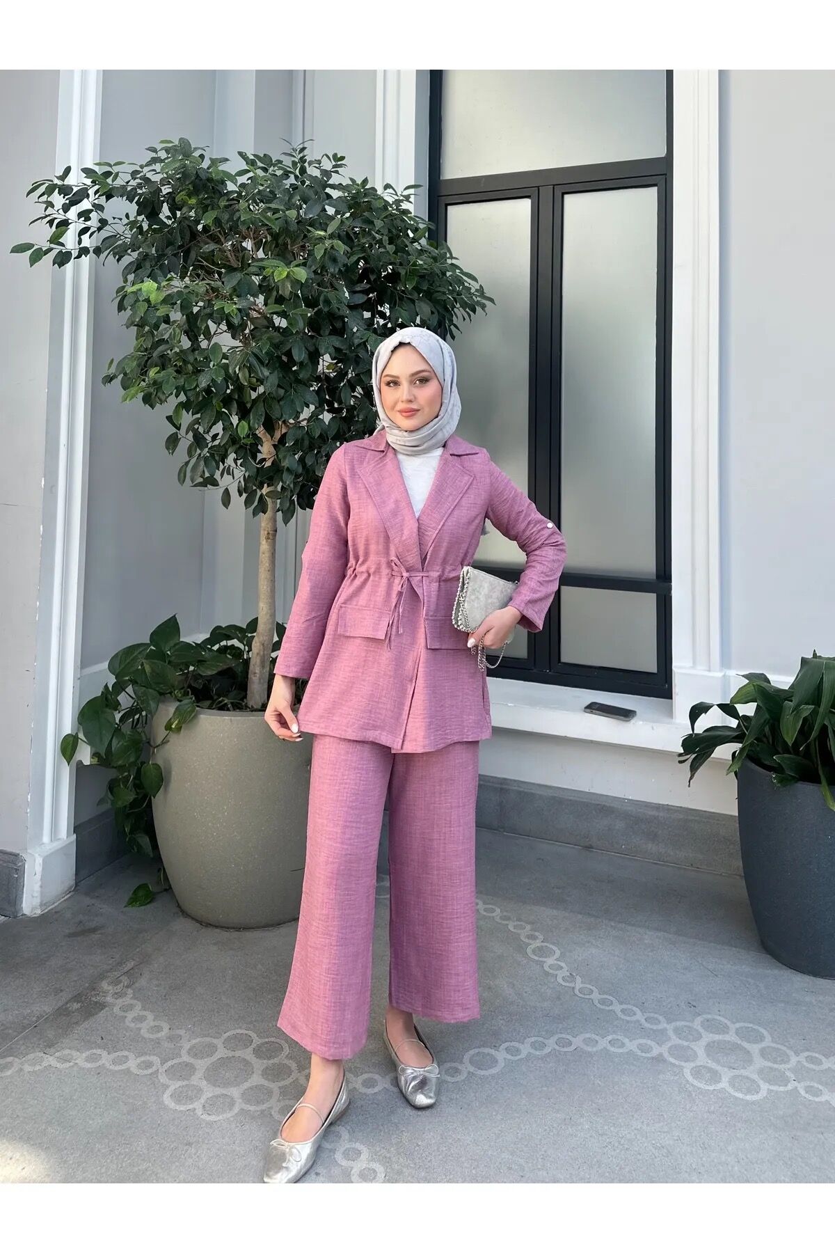 Bel Büzgülü Keten Ceket Pantolon Takım Pembe XL