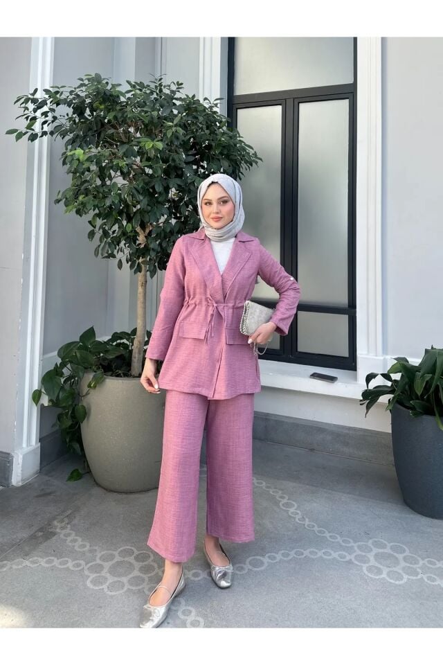 Bel Büzgülü Keten Ceket Pantolon Takım Pembe XL