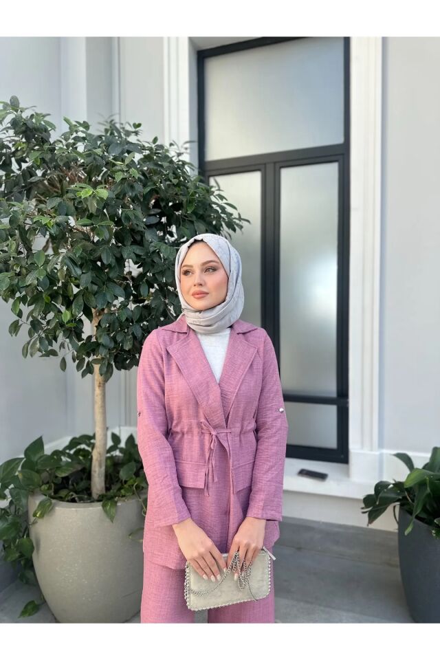 Bel Büzgülü Keten Ceket Pantolon Takım Pembe XL
