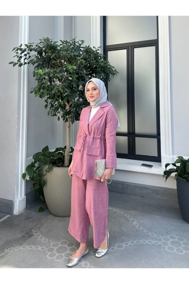 Bel Büzgülü Keten Ceket Pantolon Takım Pembe XL