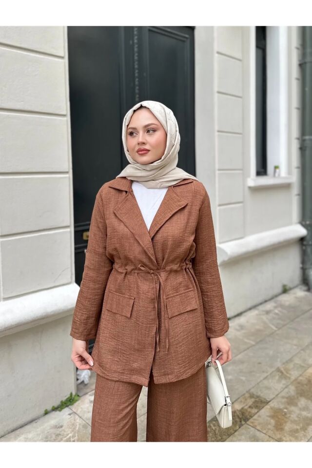 Bel Büzgülü Keten Ceket Pantolon Takım Kahve XL