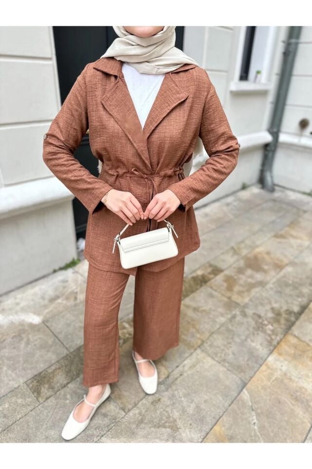 Bel Büzgülü Keten Ceket Pantolon Takım Kahve XL